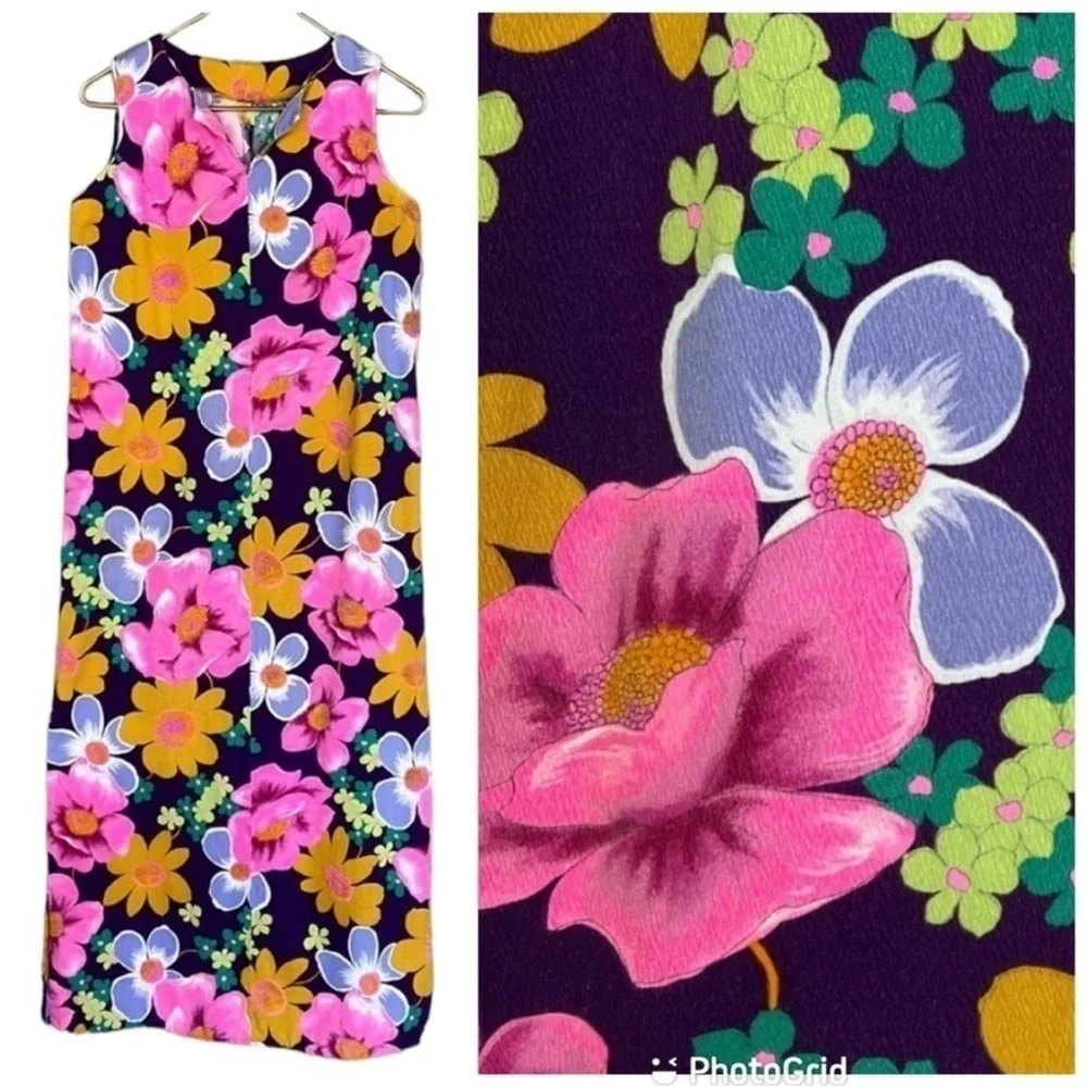 Vintage Handmade Floral Maxi Dress Purple Pink 70s Style Sleeveless - Picture 8 of 8